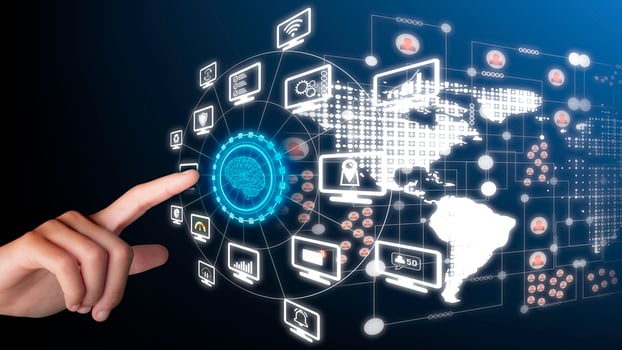 A woman's hand is pointing to a technology icon photo