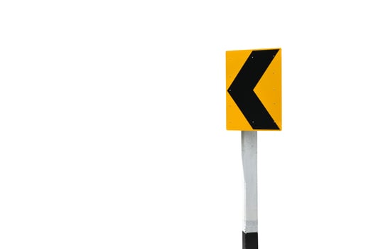 Isolated left black arrow warning sign on white pole, traffic signs, with clipping paths. photo