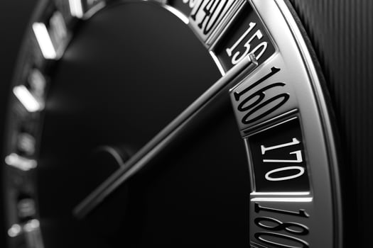 3D illustration close up black car panel, digital bright speedometer. photo