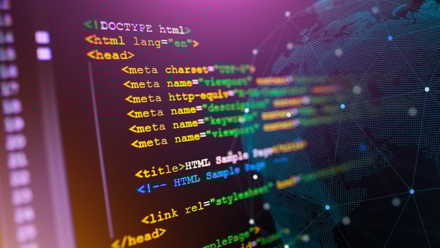 HTML code on computer monitor. Software Web Developer Programming Code photo