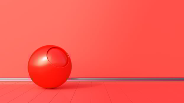 Interior with abstract sphere, red wall and floor photo