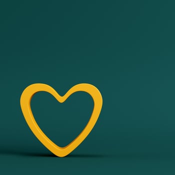 Yellow abstract heart shape on pedestal with circle frame on dark green background. Minimalism concept photo