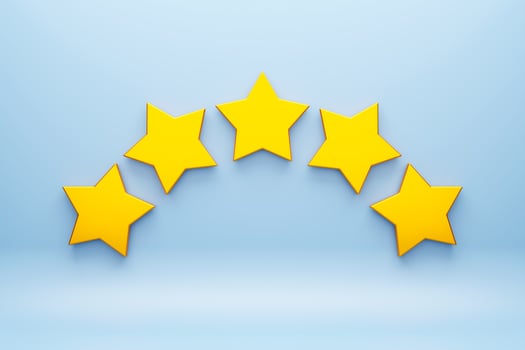 3D illustration. Five yellow stars glossy colors. photo