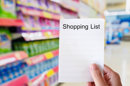 hand holding shopping list in supermarket photo