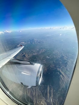 The view from the plane window to Turkey. Vacation vacation travel. The wing and turbine of the aircraft. photo