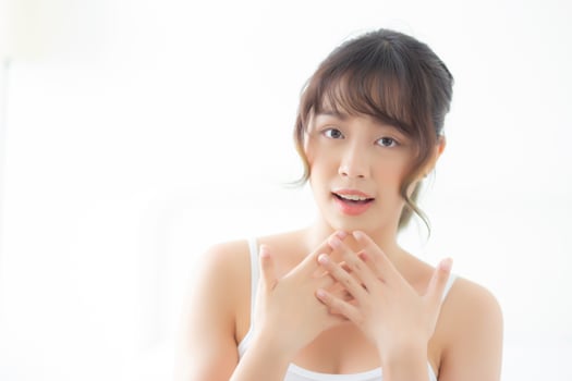 Beautiful portrait young asian woman smiling gesture surprise and excited, asia girl expression with cheerful and happy, female thinking and amazed with copy space, lifestyle and emotion concept. photo