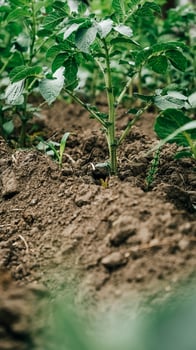 Young potato plants growing from ground on a background of vegetable garden photo