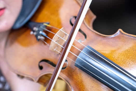 close up wood violin line that the girl is playing it. photo