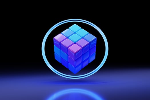 3d illustration classic still life with a geometric volumetric figure of a cube with a shadow under blue neon color photo