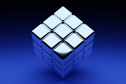 3d illustration classic still life with a geometric volumetric figure of a cube with a shadow under blue neon color photo