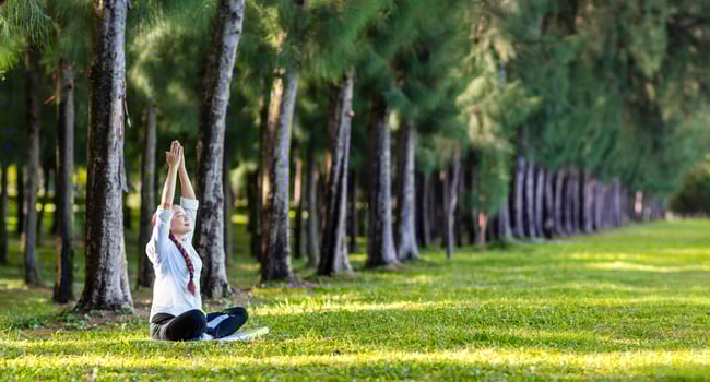 Woman relaxingly practicing yoga meditation in the pine forest to attain happiness from inner peace wisdom for healthy mind and soul concept photo