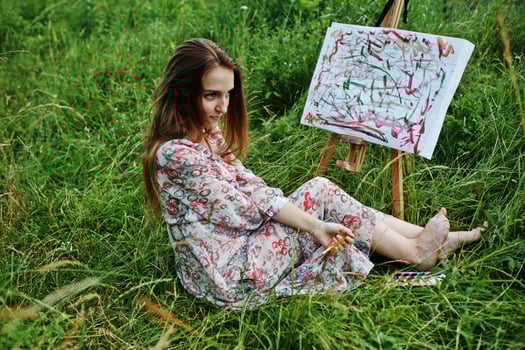 Portrait of a gorgeous happy young woman in beautiful dress sitting on the grass and painting on paper with watercolors. photo