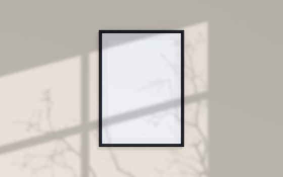 Clean and minimalist front view portrait black photo or poster frame mockup hanging on the wall with shadow overlay. 3d rendering.
