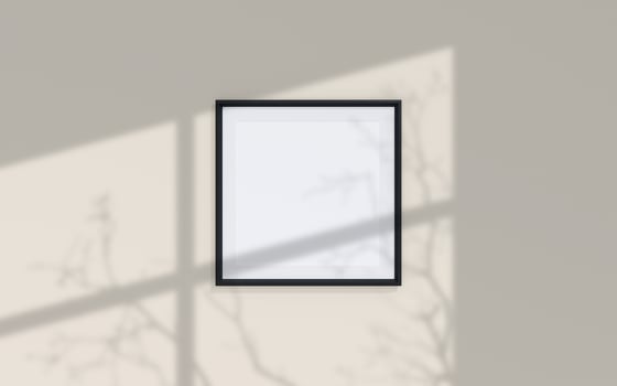Clean and minimalist front view square black photo or poster frame mockup hanging on the wall with shadow overlay. 3d rendering.