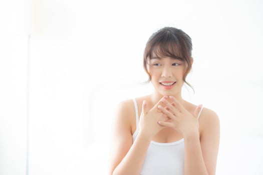 Beautiful portrait young asian woman smiling gesture surprise and excited, asia girl expression with cheerful and happy, female thinking and amazed with copy space, lifestyle and emotion concept. photo