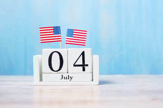 Wooden calendar of July 4th with miniature United States of America flag on wood background. Independence day and nation Holiday concept photo