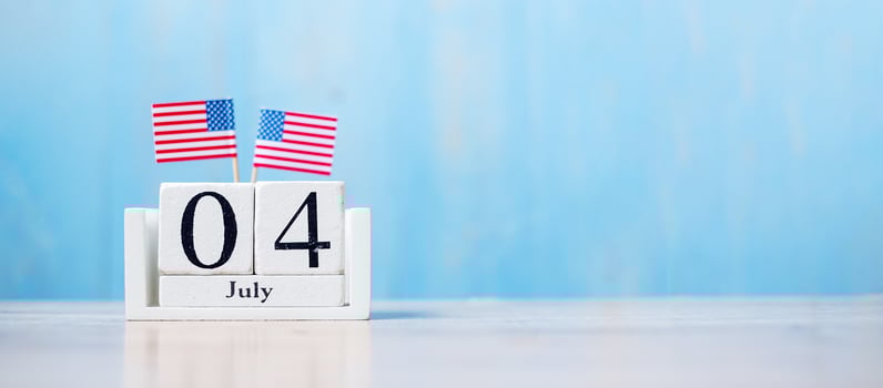 Wooden calendar of July 4th with miniature United States of America flag on wood background. Independence day and nation Holiday concept photo