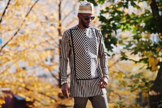 Portrait of stylish black african american man at hat and sunglasses against sunny autumn fall background. photo