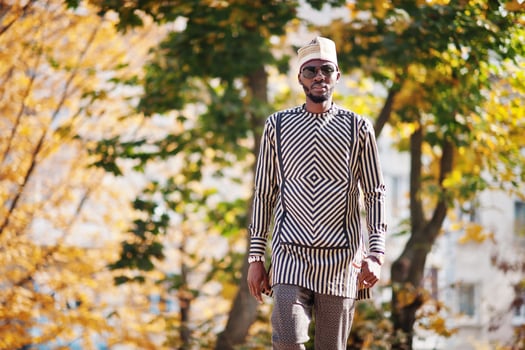 Portrait of stylish black african american man at hat and sunglasses against sunny autumn fall background. photo