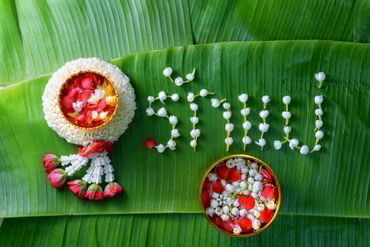 Thai traditional jasmine garland. symbol of Mother's day in thailand on Banana leaf with Love Mother in Thai word. photo