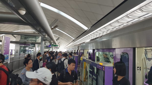 Bangkok, Thailand - October 4, 2019. BTS skytrain train runs in Bangkok. Many people in Bangkok used skytrain to save time. photo