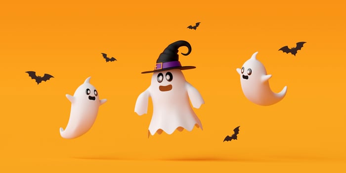 Cute ghosts with bat on yellow background, Happy Halloween day 3d illustration photo