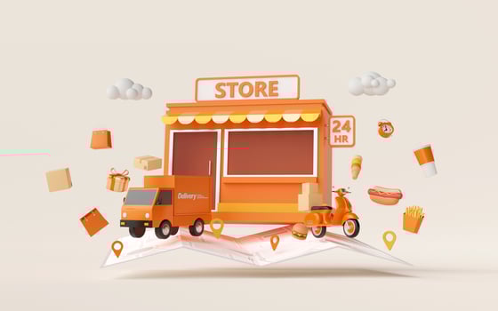 E-commerce concept, Convenience store shopping online and delivery service, 3d illustration photo