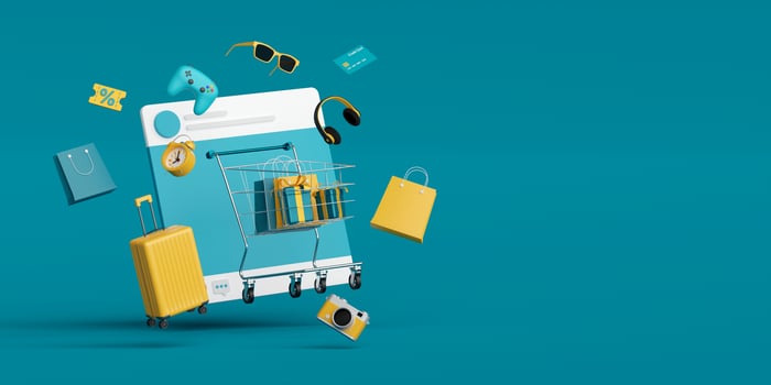 E-commerce concept, Shopping online advertisement on social media,3d rendering photo