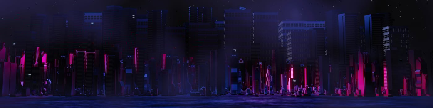 3d render of Cyber punk night city landscape concept. Light glowing on dark scene.  Night life. Technology network for 5g. Beyond generation and futuristic of Sci-Fi Capital city and building scene. photo