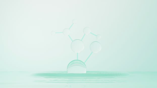 3d render of simple chemical bond in side cell or molecules. The associated of atoms, ions, bond and molecules. Liquid drop bubble background. Covalent bond. Biochemical interaction. photo