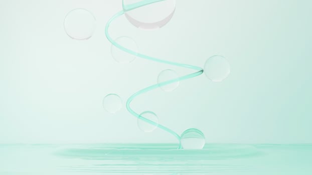 3d render of simple chemical bond in side cell or molecules. The associated of atoms, ions, bond and molecules. Liquid drop bubble background. Covalent bond. Biochemical interaction. photo