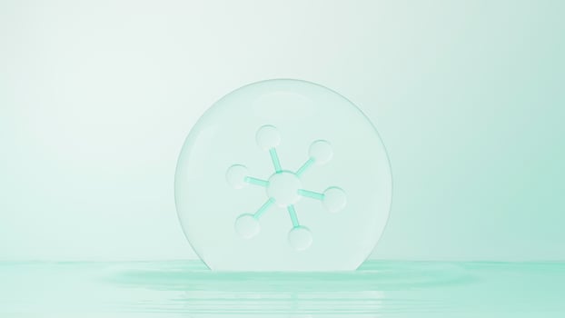 3d render of simple chemical bond in side cell or molecules. The associated of atoms, ions, bond and molecules. Liquid drop bubble background. Covalent bond. Biochemical interaction. photo
