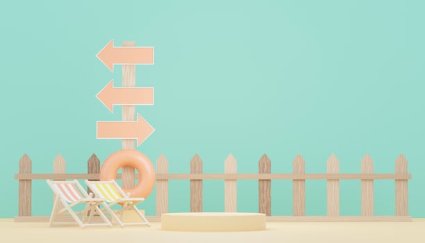 3d render minimal podium background for show and sales products. Hello Summer season scene design concept. Abstract Vacant pedestal for presentation and advertising. Beach Vacations in Summer. photo