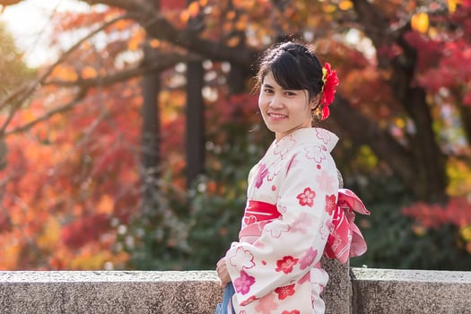 young woman tourist wearing kimono enjoying with colorful leaves in Kiyomizu dera temple, Kyoto, Japan. Asian girl with hair style in traditional Japanese clothes in Autumn foliage season photo