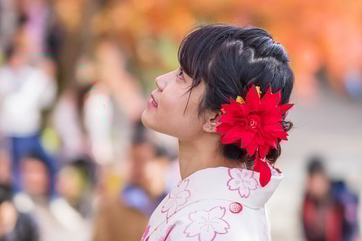 young woman tourist wearing kimono enjoying with colorful leaves in Kiyomizu dera temple, Kyoto, Japan. Asian girl with hair style in traditional Japanese clothes in Autumn foliage season photo