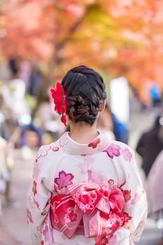 young woman tourist wearing kimono enjoying with colorful leaves in Kiyomizu dera temple, Kyoto, Japan. Asian girl with hair style in traditional Japanese clothes in Autumn foliage season photo