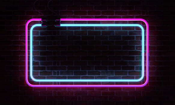 Neon sign banner with copy space on brick wall background. Abstract art and object concept. 3D illustration rendering photo