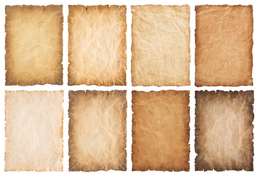 collection set old parchment paper sheet vintage aged or texture isolated on white background photo