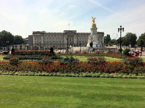 A view of Buckingham Palace in London in July 2023 in the sunshine photo