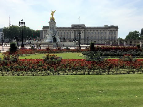 A view of Buckingham Palace in London in July 2023 showing the flowers in front photo