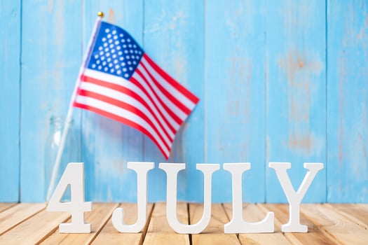 Fourth of July text and United States of America flag on wooden table background. USA holiday of Independence and celebration concepts photo