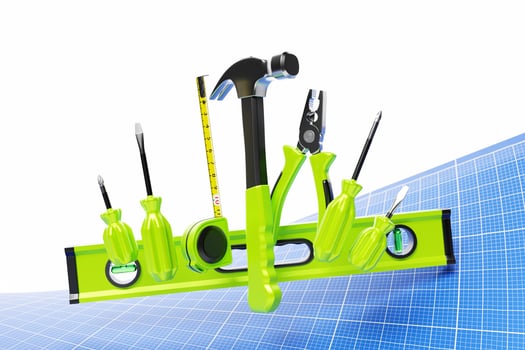 3D illustration of a hand tool for repair and construction  level, screwdriver, hammer, pliers, tape measure. Set of tools photo