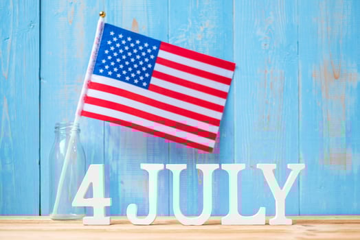 Fourth of July text and United States of America flag on wooden table background. USA holiday of Independence and celebration concepts photo