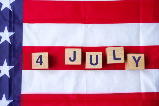 Fourth of July text on United States of America flag background. USA holiday of Independence and celebration concepts photo