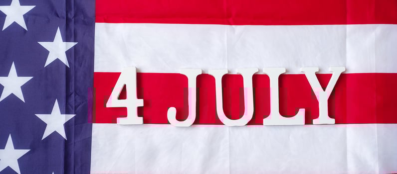 Fourth of July text on United States of America flag background. USA holiday of Independence and celebration concepts photo