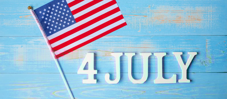 Fourth of July text and United States of America flag on wooden table background. USA holiday of Independence and celebration concepts photo