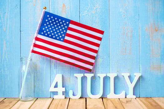 Fourth of July text and United States of America flag on wooden table background. USA holiday of Independence and celebration concepts photo