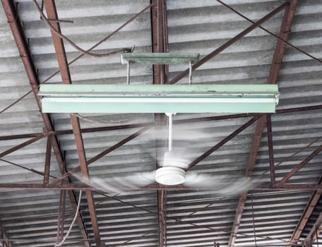Old ceiling fan is moving near the electric lamp. photo
