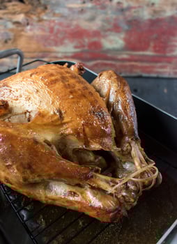 Cooked Thanksgiving turkey in roasting pan photo
