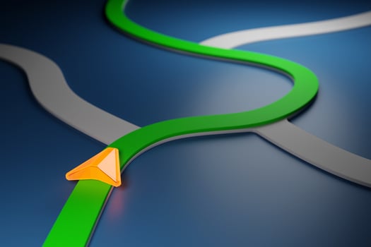 3d illustration of a directional trajectory icon with navigation neon markers, destination among city photo